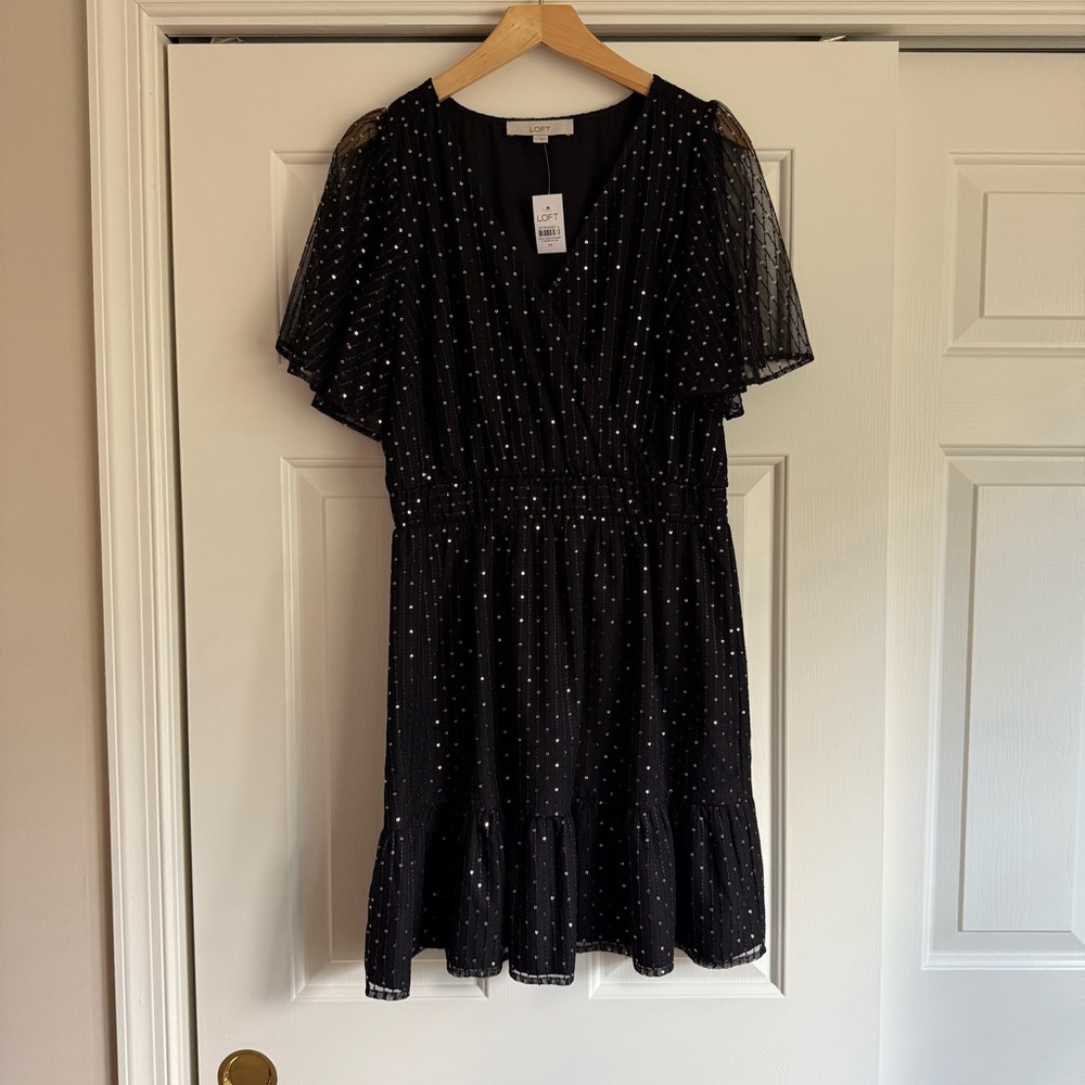 Loft Women’s Gold Sequins Black Dress V-neck medium